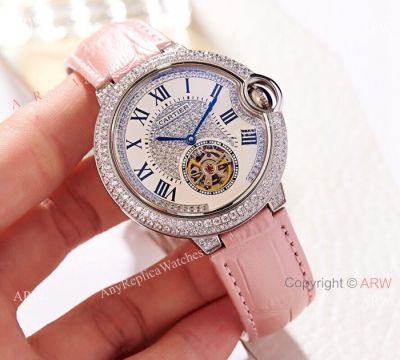 Copy Ballon Bleu de Cartier Tourbillon Iced Out Watches 39mm Ladies size